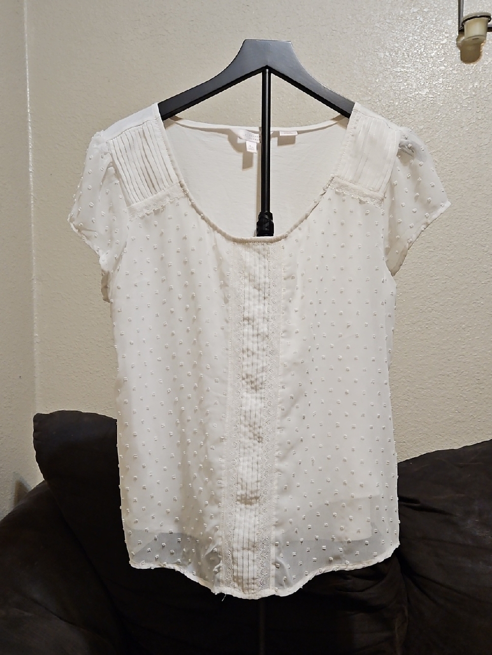 LC Lauren Conrad Ivory Swiss Dot Pintuck Scoop Neck Blouse